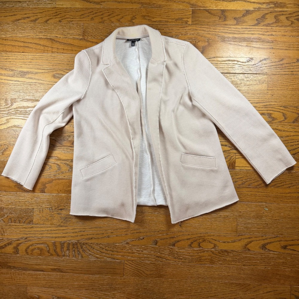Topshop Womens Cream Knit Open Front Blazer Jacket Raw Edge Size US 8 Teacher